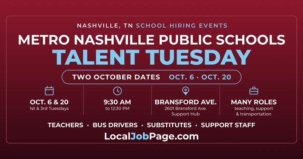 Metro Nashville Schools Talent Tuesday Hiring Events Set for Oct. 6 and Oct. 20